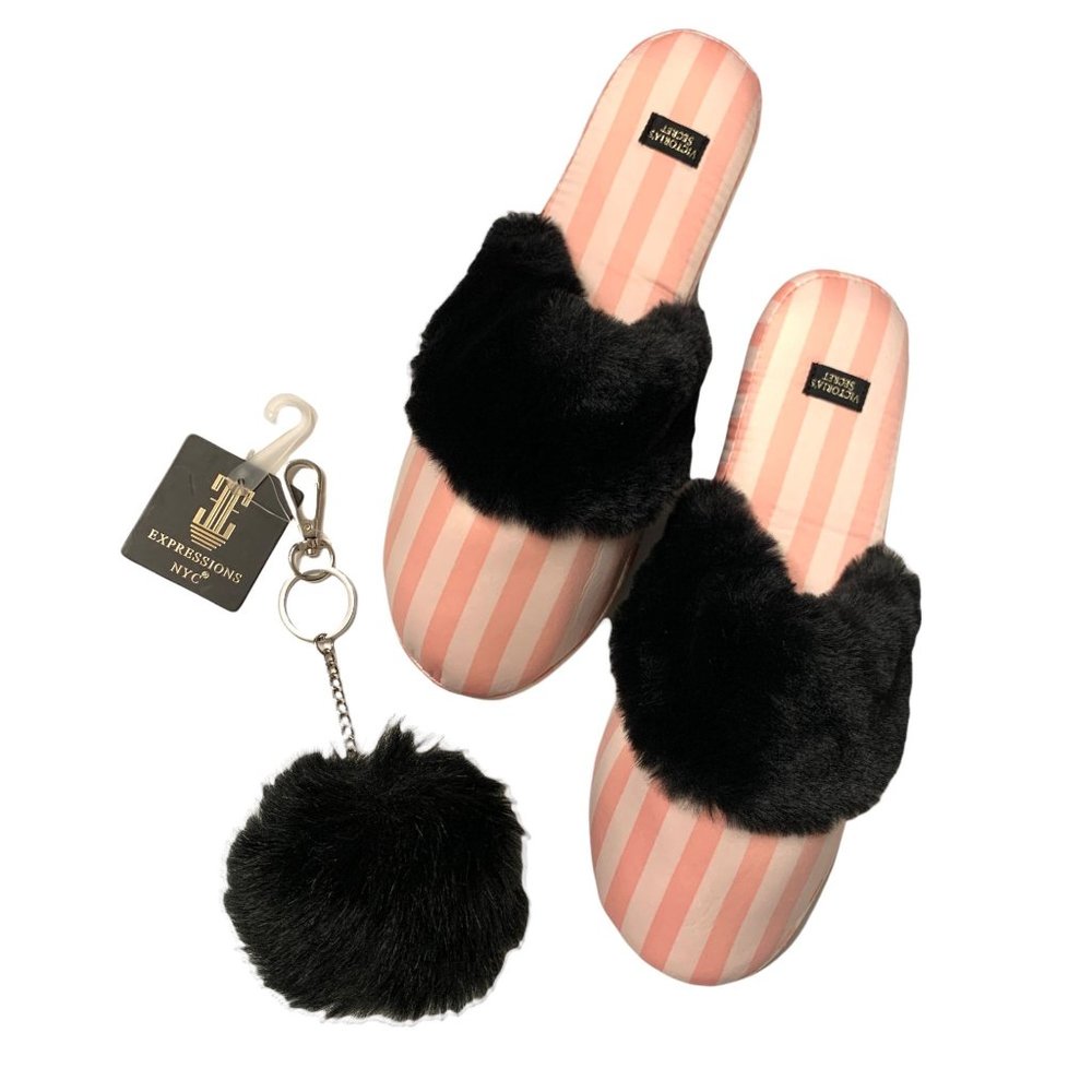 NIB Victoria's Secret Striped Faux Fur Slippers Travel Bag Pom Pom Purse… - Picture 2 of 5